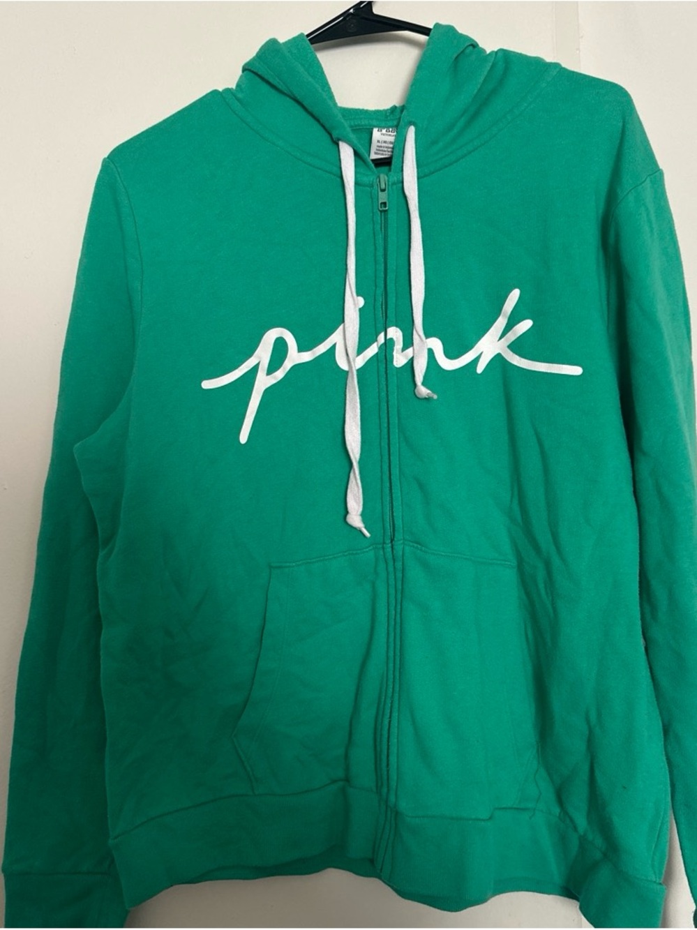 PINK Victoria's Secret Green Full-Zip Hoodie with White Script
